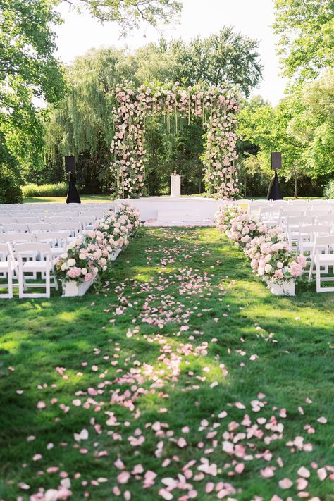 Wedding Venues Pink And White, Outside Floral Wedding, Wedding Park Ideas, Wedding Pink Green White, Wedding Pink Decoration, Outdoor Wedding Ceremony Gazebo Floral Arch, Coquette Wedding Venue Aesthetic, Outdoor Pink Wedding, Pink Wedding Venue Aesthetic