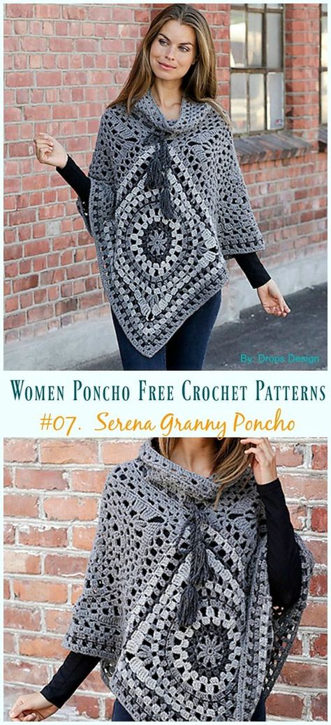 Serena Granny Poncho Crochet Free Pattern - Women #Poncho; Free #Crochet; Patterns Granny Square Haken, Crochet Poncho Free Pattern, Poncho Crochet, Crochet Poncho Patterns, Poncho Pattern, Haken Baby, Crochet Jacket, Chale Crochet, Crochet Cowl