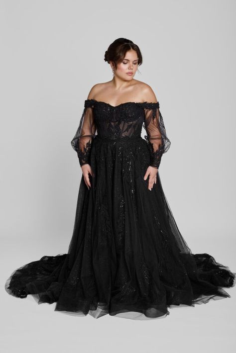 Black wedding dresses make a bold and beautiful statement, offering an unforgettable twist on traditional bridal fashion. For the bride who dares to embrace her individuality, these gowns blend timeless elegance with a touch of mystery. From intricate lace details to dramatic silhouettes, this guide explores the allure of black wedding dresses that cater to diverse styles and body types. | black wedding dresses | unique wedding dresses | #wedding #bride #dress Romantic Black Wedding Dress, Black Wedding Dress Curvy, Black Off The Shoulder Wedding Dress, Black Wedding Veil With Crown, Black Fairytale Wedding Dress, Plus Size Goth Wedding Dress, Black Bride Dress, Black Wedding Dress Plus Size, Black Wedding Dresses Plus Size