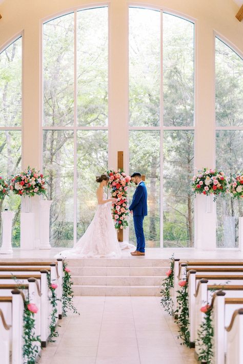 Pretty Chapel Wedding, Decor For Church Wedding, Wedding Ceremony Themes, Chapel Flower Arrangements, Pretty Wedding Themes, Outdoor Chapel Wedding Decorations, Flower Cross Wedding Altars, Spring Wedding Alter Ideas, Floral Walkway Wedding