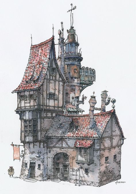 Fantasy watercolor building painting, realistic detailed watercolor building architecture. Building Studies Drawing, Fantasy Drawings Buildings, Cool Buildings To Draw, Detailed Building Drawings, Watercolor Fantasy Illustration, Fantasy Architecture Sketch, Fantasy Building Drawing, Fantasy Buildings Architecture, Arcitature Art