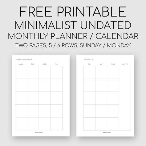 Free Printable Minimalist Monthly Planner / Undated Calendar - Month on Two Pages #free #printable #monthlyplanner #minimalist #planner #printables #monthly #undated #calendar #insert #plannerinsert A5 Stalogy Layout, B6 Planner Printables Free, Two Page Monthly Planner Printable Free, A5 Calendar Printable Free, Free Pocket Planner Printables, Free A6 Planner Printables, A6 Printables Free, Undated Monthly Planner Printables Free, A6 Planner Printables Free