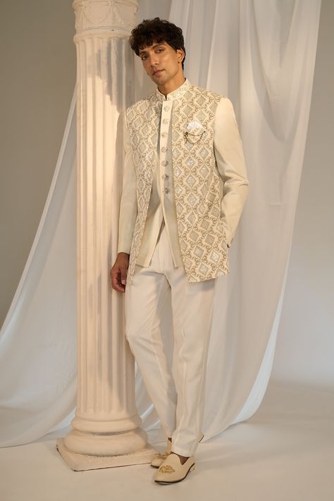 Shop for these amazing collections of Cream Velvet Embroidered Sequins Jacket With Bandhgala Set For Men by Soniya G online at Aza Fashions. Menswear Indian, Kurta Designs Men's, Sequins Jacket, Mens Indian Wear, Diy Wrapping, Boys Kurta Design, Boys Kurta, Men's Ethnic Wear, Kurta Design