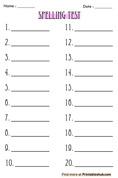 Blank Spelling Test 20 Words Template PDF Vocabulary Test Template, Free Printable Spelling Test Sheets, Spelling Test For Grade 3, Spelling Words Kindergarten, Preschool Spelling Words, 2nd Grade Sight Word Worksheets Free, Spelling Word Practice 2nd, Spelling Test Ideas, Spelling Worksheets 4th Grade