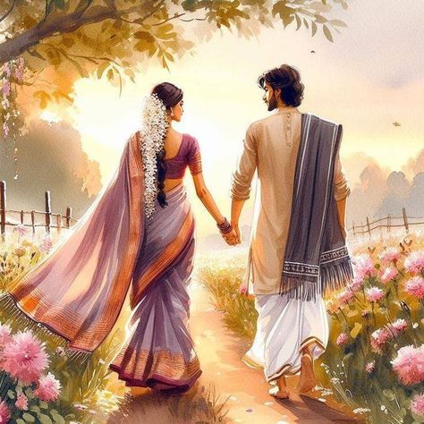 South Indian Couple Illustration, Indian Couple Painting, Indian Couple Illustration, Couples Sketch, South Indian Engagement, Couples Illustration, Editing Assets, Indian Wedding Aesthetic, Painting Love Couple