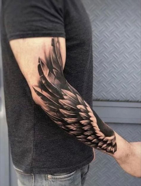 Angel Wings Tattoo Forearm, Forearm Wing Tattoo, Arm Tattoos For Guys Forearm, Wing Tattoo Men, Wrap Around Tattoo, Hawk Tattoo, Crazy Tattoos, Ancient Tattoo, Skull Sleeve Tattoos