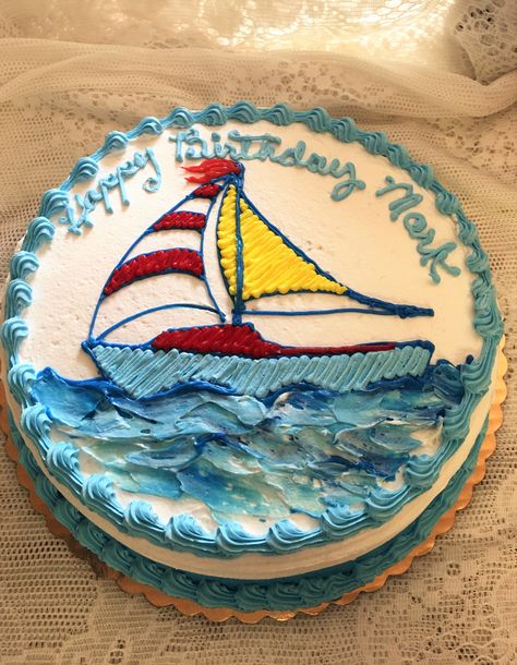 Buttercream Sailboat Cake - Mueller's Bakery Sailing Boat Cake Ideas, Sailboat Cake Ideas, Sailboat Birthday Cake, Boat Birthday Cake, Sail Boat Cake, Sailing Birthday, Sailboat Cake, Birthday Cake For Father, Birthday At The Beach