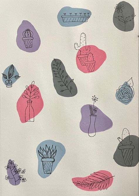 Colour Block Drawing, Watercolor Blob Art, Desert Flowers Drawing, Blob Doodles, Nature Doodles, Doodle Journal, Cactus Leaves, Doodle Paint, Bond Paper Design