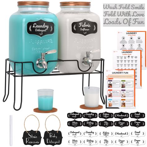 PRICES MAY VARY. AESTHETIC LAUNDRY SOAP DISPENSER STATION - Keep your wash area looking neat and elegant with our 2-pack glass liquid dispenser. The package includes 22 jar labels and 2 blackboards with a pen. These labels can be used to categorise jars for items like "Laundry Detergent," "Fabric Softener," and "Laundry Pods”, and more. In addition, a physical copy of a 3-page craftily designed laundry guide is provided, along with 3 vinyl stickers. HOLDS MORE LIQUID - Less time refilling each g Laundry Containers, Liquid Laundry Detergent Dispenser, Aesthetic Laundry, Laundry Soap Dispenser, Laundry Detergent Dispenser, Scented Laundry Detergent, Liquid Dispenser, Laundry Symbols, Laundry Pods