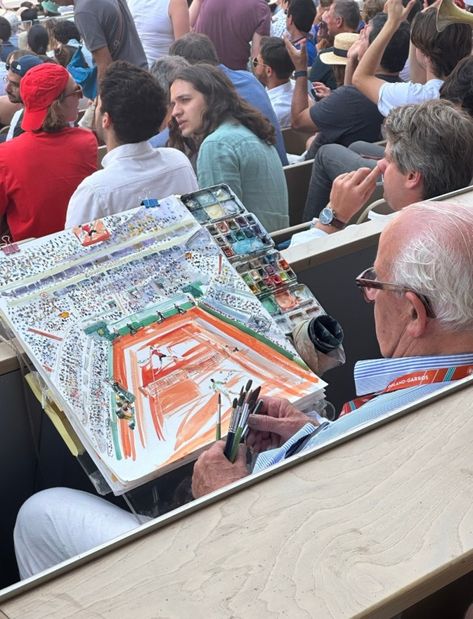 during most anticipated tennis clash of 2023 between Novak Djokovic and Carlos Alcaraz at Roland Garros, an artist was unknowingly pictured painting the court and spectators while the match was ongoi… Tennis Court Painting, Tennis Picture Ideas, Carlos Alcaraz Roland Garros, Tennis Painting, Alcaraz Tennis, Artist Lifestyle, Tennis Art, Carlos Alcaraz, Art People