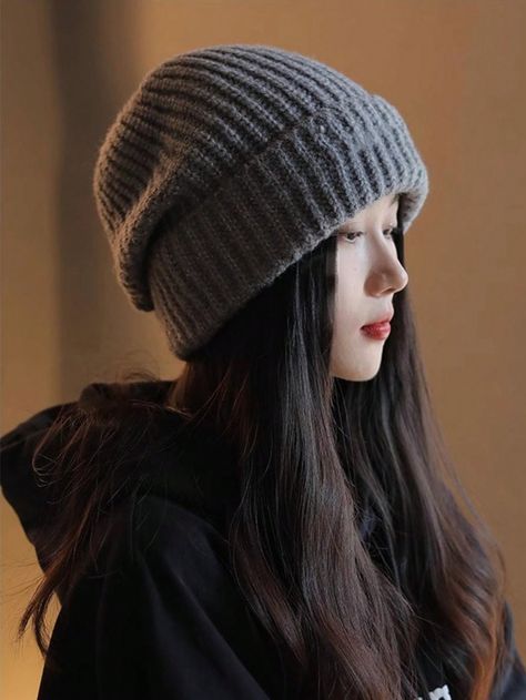 Grey Basics,Casual,Cute,Elegant,Formal Collar  Polyester   Embellished  Fall/Winter Women Accessories Elegant Winter Hats For Women, Beany Hats Outfit, Gray Beanie Outfit, Snikt Family, Winter Beanie Outfit, Beanie Outfit Aesthetic, Black Beanie Outfit, Beanie Hat Outfit, Winter Hat Outfit