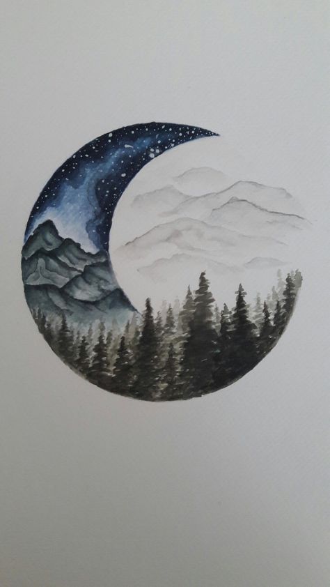 Forest Ocean Tattoo, Moon Waterfall Tattoo, Crescent Moon Mountain Tattoo, Moon Trees Tattoo, Stary Sky Tattoo, Mountain To Ocean Tattoo, Mountain Silhouette Tattoo, Moon And Tree Tattoo, Tree And Moon Tattoo