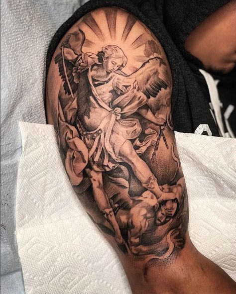 Arcangel Tattoo, Religious Tattoo Sleeves, Arm Tattoos Black, Black Men Tattoos, Archangel Tattoo, Mens Shoulder Tattoo, Forarm Tattoos, Forearm Sleeve Tattoos, Religious Tattoo