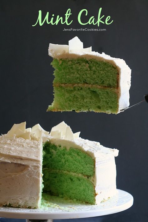 Mint Cake with Vanilla Buttercream from JensFavoriteCookies.com - This green mint cake is dense and flavorful! Minty Desserts, Mint Cake, Green Mint, Chocolate Shavings, Vanilla Buttercream, Food Cakes, Cake Cake, Favorite Cookies, Homemade Cakes