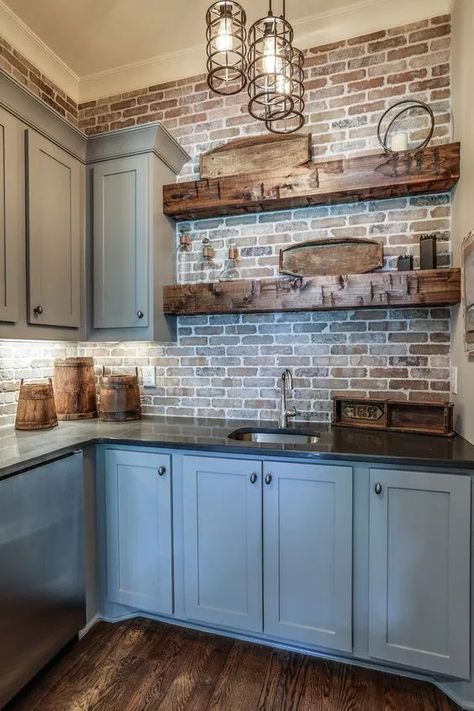 11 Trending Kitchen Accent Wall Ideas (Tips & Photos!) Rustic Kitchen Backsplash, Accent Wall In Kitchen, Kitchen Backsplash Designs, Brown Kitchens, Farmhouse Kitchen Design, Modern Farmhouse Kitchens, Kitchen Accents, Kitchen Remodel Idea, Kitchen Makeover