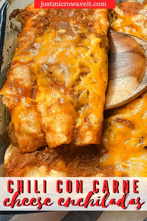 Make an entire pan of chili con carne cheese enchiladas for the whole family (or just yourself) right in the microwave in less than 10 minutes! #microwaverecipes #enchiladas #enchiladarecipes #texmexrecipes #cheeseenchiladas Chili For Enchiladas, Cheese Enchiladas With Meat Sauce, Chilli Cheese Enchiladas, Chili Con Carne Enchiladas, Chili Cheese Enchiladas Easy, Microwave Enchiladas, Chilli Enchiladas, Red Chili Enchiladas, Cheese Enchiladas With Chili Gravy