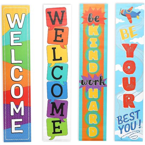 PRICES MAY VARY. Welcome Banner Signs: This classroom decoration set comes with 4 classroom banners in 4 assorted designs Perfect For: These colorful welcome back to school signs are ideal for decorating classrooms, schools, preschools, and kindergarten classrooms 4 Designs: Includes 2 "Welcome" signs, 1 "Be Kind Work Hard" sign, and 1 "Be Your Best You!" sign High Quality: Each welcome sign is made of paper with matte lamination, ensuring durability all year long Dimensions: These first day of Welcome Classroom Sign, Classroom Door Signs, Art School Supplies, Classroom Welcome, Classroom Banner, Welcome Students, First Day Of Class, School Murals, Classroom Signs