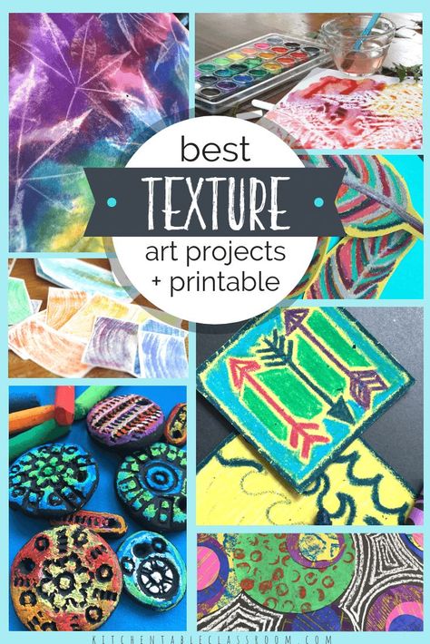 . Texture In Art, Implied Texture, Elements Of Art Texture, Texture Art Projects, 7 Elements Of Art, Kindergarten Art Projects, 6th Grade Art, Art Curriculum, Elementary Art Projects