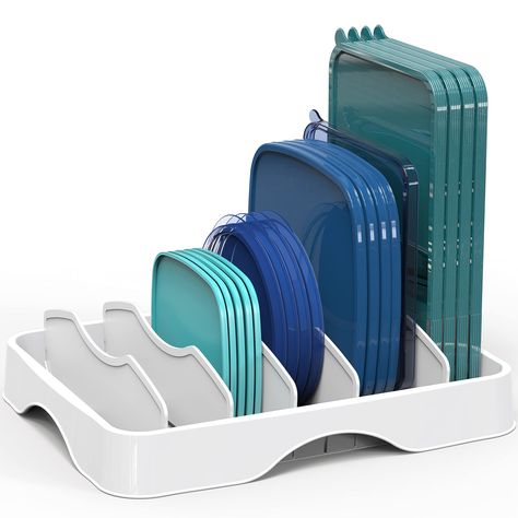 PRICES MAY VARY. Holds different round and square container lids up to 9". 5 adjustable dividers included. Easy to assemble no tools required. BPA-free, easy-to-clean storage. Dimension: 13.25"D x 10.5"W x 3" H SimpleHouseware Food Container Lid Organizer, Adjustable Dividers Lids Storage, 13''x10'', White Armoire Design, Pot Organization, Pan Organization, Lid Organizer, Sink Organizer, Lid Storage, Food Storage Containers Organization, Cleaning Storage, Basket Design