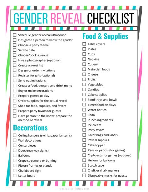 gender reveal checklist with long list of items for planning the party, including steps for planning the vent, decorations to get, and other food and supplies needed Gender Reveal Checklist, Foto Gender Reveal, Checklist Ideas, Gender Reveal Party Food, Gender Reveal Diy, Simple Gender Reveal, Creative Gender Reveals, Gender Reveal Baby Shower Themes, Reveal Party Games