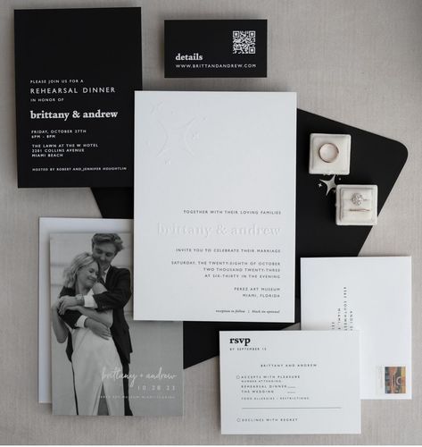 Brittany & Andrew kept it classy with a monotone theme throughout their wedding stationery, from Save the Dates featuring a classic black & white photo to their gorgeous wedding invitations with blind embossing and raised UV print. Love!! Collins Avenue Miami, Black Tie Wedding Invitations, Perez Art Museum, Blind Embossing, W Hotel, Black Tie Wedding, Uv Print, Save The Dates, Black White Photos