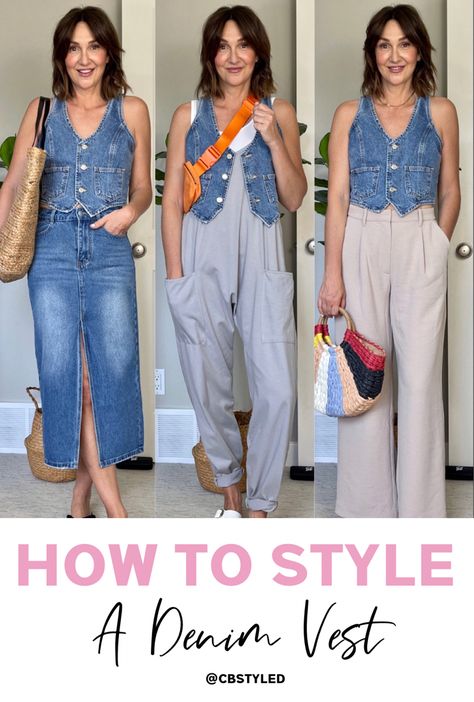 How to style a denim vest Blue Jean Vest Outfit Summer, Cropped Jean Vest Outfit, Womens Denim Vest Outfit, Denim Vest Outfit Spring, Denim Vest Outfit 2023, Chiropractor Outfit, Fitted Denim Vest Outfit, How To Wear A Jean Vest, Denim Vests Outfits