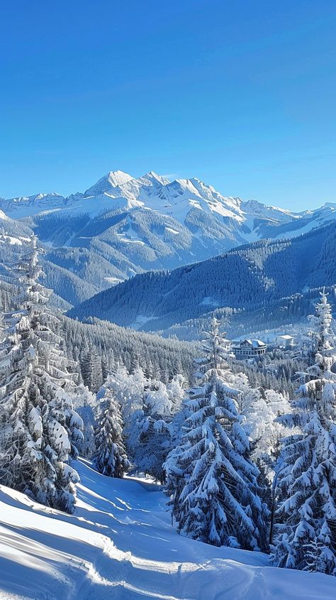 Winter Mountain Splendor: Breathtaking winter scenery showcasing snow-covered trees and majestic mountains under the clear blue sky. #winter #mountains #snow #trees #blue sky #aiart #aiphoto #stockcake ⬇️ Download and 📝 Prompt 👉 https://ayr.app/l/KPDB Scenery Mountain Landscapes, Snowy Mountains Photography, Winter Nature Wallpaper, Snowy Mountains Aesthetic, Mountain View Aesthetic, Blue Winter Aesthetic, Snowy Scenery, Mountains In Winter, Snow View