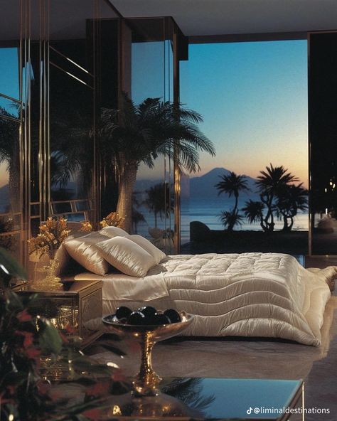 80s Luxury Interior Bedroom, 80s Miami Aesthetic Home, 80s Luxury Aesthetic, 80s Luxury Interior, Miami Apartment Aesthetic, 80s House Decor, 80s Home Aesthetic, 80s Penthouse, Miami Bedroom