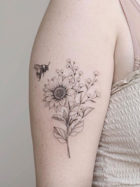 Sunflower Bee Tattoo, Bee And Sunflower Tattoo, Sunflower Fine Line Tattoo, Bumble Bee Tattoo Flowers, Bee With Flowers Tattoo, Sunflower And Bee Tattoo, Bee Flower Tattoo, Sunflower Bouquet Tattoo, Beau Tattoo