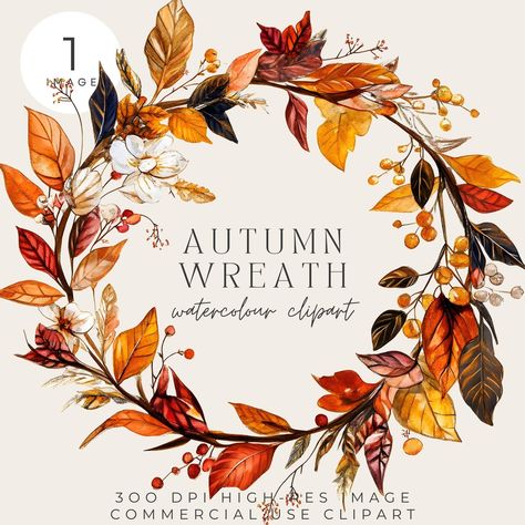 Autumn Wreath Watercolor, Watercolor Fall Wreath, Fall Wreath Watercolor, Fall Wreath Drawing, Fall Fonts, Fall Leaf Wreaths, Autumn Watercolor, Wreath Clipart, Digital Collages