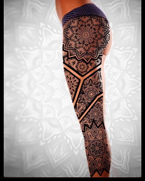 Leg Mandala sleeve tattoo design Woman’s Leg Sleeve Tattoos, Geometric Leg Tattoo Women, Geometrical Leg Sleeve, Leg Sleeve Mandala Tattoo, Sacred Geometry Leg Tattoo, Feminine Black Tattoos, Women's Tattoo Thigh, Geometric Leg Sleeve Women, Leg Mandala Tattoos Women