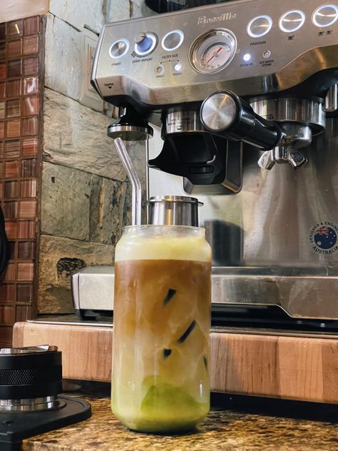 Matcha Espresso Fusion, also known as Dirty Matcha or Camo Latte Matcha Espresso Latte, Dirty Matcha Latte, Dirty Matcha, Matcha Espresso, Matcha Latte, Espresso Machine, Iced Coffee, Matcha, Espresso