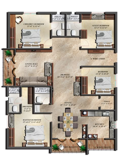 4 BHK floor plan have been rendered by INFINITY 7 STUDIO Team. Single Floor House Design, Rendered Floor Plan, Detail Arsitektur, Pelan Rumah, 2bhk House Plan, 3d House Plans, Apartment Floor Plan, House Floor Design, Building House Plans Designs