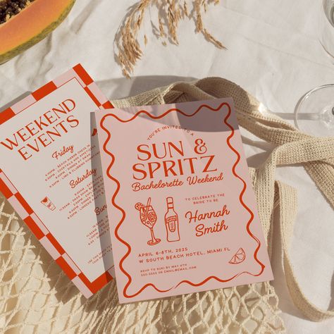 Get ready to shine at your bachelorette party with our Sun and Spritz Bachelorette Weekend Invitation, Itinerary, and Packing Checklist Canva Template! This bright and fun hand-drawn design captures the essence of a sunny getaway, featuring a cheerful sun motif and refreshing spritz cocktail graphics. Our customizable template includes everything you need to kick off your bachelorette celebration in style. Send out vibrant invitations that set the tone for a fun-filled weekend, create a detailed Bachelorette Trip Invitations, Final Fiesta Bachelorette Itinerary, Tropical Party Invite, Amalfi Coast Bachelorette Party, Aperol Spritz Invitation, Aperol Spritz Themed Bachelorette, Beach Wedding Motif, Sun And Spritz Bachelorette, Last Spritz Bachelorette