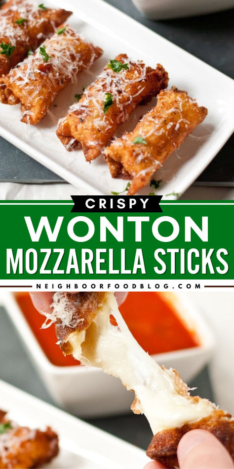 This game day menu idea is one of the things to make with wonton wrappers! These wonton mozzarella sticks are an easy Super Bowl recipe that's ready in just 30 minutes. Wonderfully crispy and gooey, these homemade mozzarella sticks are a perfect football appetizer! Wanton Wrapper Recipes Easy, Fried Ziti, Wonton Filling Recipes, Wonton Mozzarella Sticks, Wonton Wrapper Recipes Appetizers, Wonton Appetizer Recipes, Wrapper Recipes, Wonton Appetizers, Homemade Mozzarella Sticks