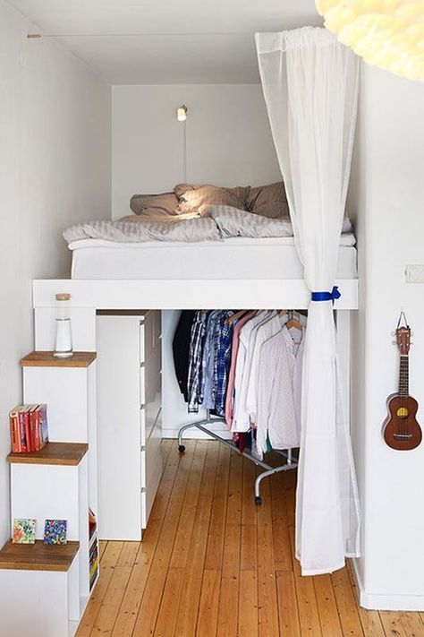 Small Bedroom Solution: The Half Loft |  But there is another way—a solution that combines the space-saving advantages of a loft bed with the ease of a bed that's not seven feet in the air. Enter the half loft for storage solutions and under-bed storage options. Space Bed, Swedish Apartment, Tiny Bedrooms, Tiny Apartments, Closet Room, Compact Living, Bed In Closet, Tiny Spaces, Tiny Apartment