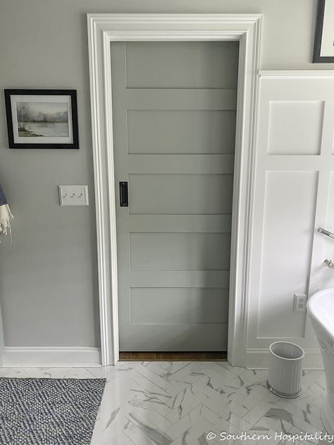 Adding a Sliding Barn Door to our Master Bath - Southern Hospitality Double Door Bathroom Master Bath, Barn Door Inside Bathroom, Adding Pocket Door To Bathroom, Master Bath Pocket Door, Half Bath Door Ideas, Adding A Pocket Door, Slide Bathroom Door, Barn Door For Bathroom Master Bath, Sliding Door Design Bathroom