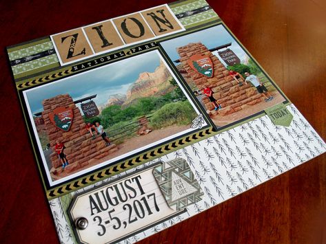 Zion National Park Scrapbook Cover Page - 12x12 Layout - Scrapbook.com Scrapbook Cover Page, National Park Scrapbook, 2024 Scrapbook, Europe Scrapbook, Scrapbooking Layouts Travel, Ctmh Layouts, Travel Scrapbook Pages, Yellowstone Trip, Scrapbook Pictures