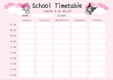 Cute School Schedule Template, Hello Kitty School Schedule, Plan Lekcji Hello Kitty, Cute Timetable Ideas, Kuromi Printables, Timetable Design Ideas, University Printables, School Time Table, Kuromi Y My Melody