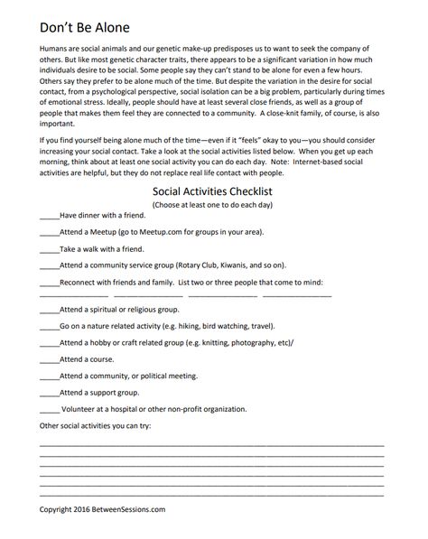 This worksheet is designed to help people see the importance of social activities as an integral part of mental health. It gives individuals a list of possible social activities to do each day. 1 page. Worksheets For Mental Health, Health Worksheets, Domestic Partnership, Mental Resilience, Cbt Worksheets, Counseling Worksheets, Mental Health Activities, Message Bible, Therapeutic Activities