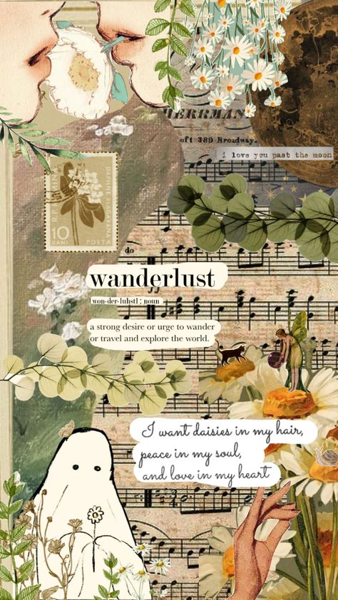 #Wanderlust #daisy #daisies #shuffle #moodboard #ghost #ghosts #cottagecore #fairycore #beige #butterflies #greenaesthetic Hippie Wallpaper, Green Aesthetic, Daisy Flower, Phone Wallpaper, Mood Board, Butterflies, Ghost, Daisy, Art Painting