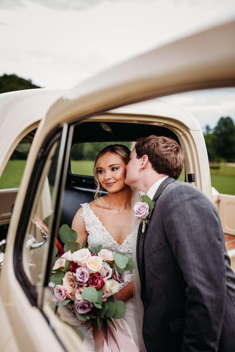 Wedding photos with a vintage truck at Farm at Bentley Fields. Photo credit by Mercedes Smith.  www.farmatbentleyfields.com Old Truck Wedding Pictures, Wedding Truck Photos, Vintage Truck Wedding Photos, Truck Wedding Pictures, Car Wedding Photos, Vintage Truck Wedding, Truck Wedding, Wedding Photography List, Wedding Photo List