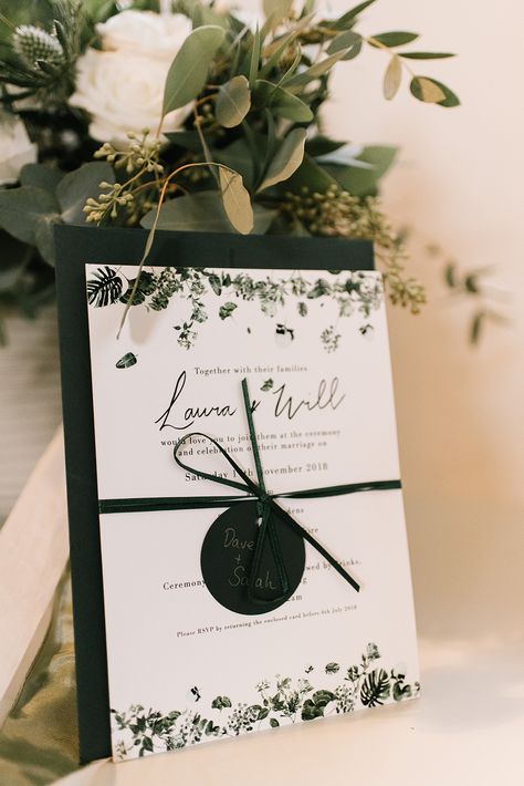 White and Green Wedding Invitation Tied with Ribbon | Emerald Green Bridesmaid Dress for a Winter Wedding at Middleton Lodge | Georgina Harrison Photography Emerald Green Bridesmaid Dress, Lilac Wedding Bouquet, Middleton Lodge, Emerald Green Bridesmaid Dresses, Green Bridesmaid Dress, White And Green Wedding, Middleton Wedding, Suite Ideas, Emerald Green Weddings