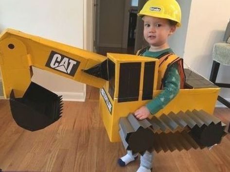 Steven: Our son is in love with construction equipment and his favorite thing is the excavator. My creative wife built the costume by hand out of cardboard, tape, and some spray... Excavator Wagon Costume, Toddler Excavator Costume, Construction Truck Costume Diy, Construction Vehicle Costume, Construction Costume Kids, Kids Construction Costume, Cardboard Excavator Diy, Diy Digger Costume, Construction Truck Costume