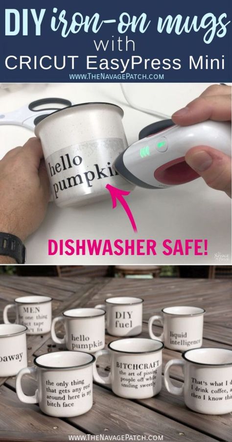 DIY Iron On Mugs - Dishwasher Safe! | Heat Transfer Vinyl - HTV mugs, dishwasher safe | How to make dishwasher safe HTV mugs using Cricut Easypress Mini | How to use Cricut Easypress Mini on mugs | DIY dishwasher safe HTV mug with free SVG designs | Free SVG mug designs | How to make personalized mugs with heat transfer vinyl | Cricut Easypress Mini tutorial | #TheNavagePatch #Cricut #EasyPressMini #CricutMade #FreeSVG #FreeDownloadable #HTV #HeatTransfer #FreeSVGfiles | TheNavagePatch.com ขวดโหล Mason Jar, Mini Dishwasher, Vinyle Cricut, How To Use Cricut, Idee Cricut, Free Svgs, Projets Cricut, Maker Project, Cricut Projects Beginner