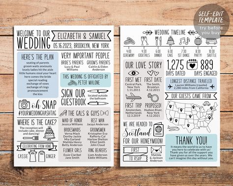 "Infographic Wedding Program Editable Template ➡️ MATCHING Collection here: www.etsy.com/shop/PuffPaperCo/items?search_query=handdrawnprogram01 THIS IS A TEMPLATE WHICH YOU CAN EDIT ON YOUR BROWSER- NO PHYSICAL PRODUCT WILL BE SHIPPED ❤️ EDITABLE TEMPLATE  - 5x7\" size included - Edit immediately right from your browser - Personalize most text, fonts, & colors - Change size, placement, or delete elements completely - Upload your own logo or image ------------------------------------ ⭐️➡️ TRY THIS TEMPLATE BEFORE BUYING ⬅️⭐️ Copy + Paste this DEMO link into your browser:  https://templett.com/design/demo/puffpaperco/19332746,13860667 ------------------------------------ ❤️ HOW THIS WORKS  1. Purchase the template in this listing. 2. You will receive a link in your email from TEMPLETT (not E Wedding Program Infographic, Wedding Pamphlet Ceremony Programs, Wedding Pamphlet, Moto Wedding, Funny Wedding Programs, Wedding Fun Facts, Wedding Programs Funny, Order Of Ceremony, Fun Wedding Programs