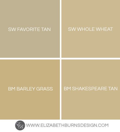 Elizabeth Burns Design | Favorite Gold Paint Colors: Sherwin Williams Favorite Tan, Sherwin Williams Whole Wheat, Benjamin Moore Barley Grass, Benjamin Moore Shakespeare Tan Sherwin Williams Whole Wheat, Pale Gold Paint, Shades Of Gold Color, Gold Paint Colors, Tan Paint Colors, Picking Paint Colors, Beige Paint Colors, Paint Guide, Gray Painted Walls