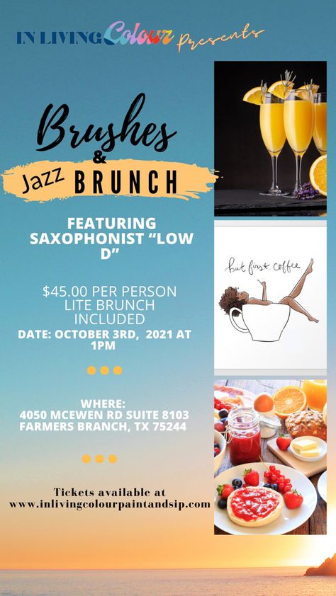 Join us for our Brunch and Paint Party with live jazz music by Saxophonist Low D. Brunch And Paint Party, Live Jazz, 35th Birthday, Sip N Paint, Event Planning Business, But First Coffee, Paint And Sip, Jazz Music, Live Colorfully