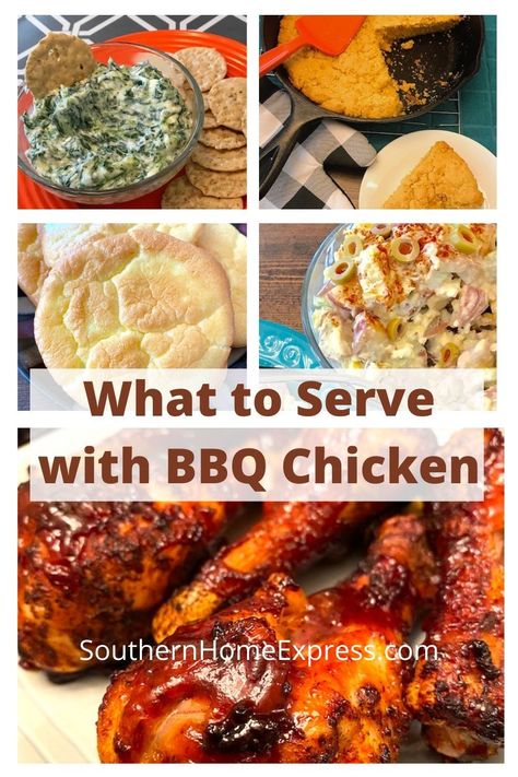 What to serve with bbq chicken is determined by what you like. Enjoy a variety of salads, vegetables, potatoes, breads, and desserts. #bbqchickensidedishes #sidesforbarbecue Sides With Drumsticks, Baked Bbq Chicken Side Dishes, Chicken Legs Sides Dishes, What To Make With Bbq Chicken, Bbq Chicken With Sides, Bbq Chicken And Veggies, Side With Bbq Chicken, Baked Bbq Chicken Sides, What To Serve With Smoked Chicken