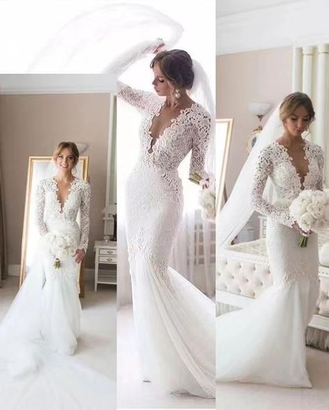 Wedding Dress Full Sleeve, Long Sleeve Wedding Dress Lace Mermaid, Wedding Dress Backs, Pearl Wedding Dress, Spring Showers, Lace Wedding Dress With Sleeves, Boda Mexicana, Bridal Ball Gown, Trumpet Wedding Dress